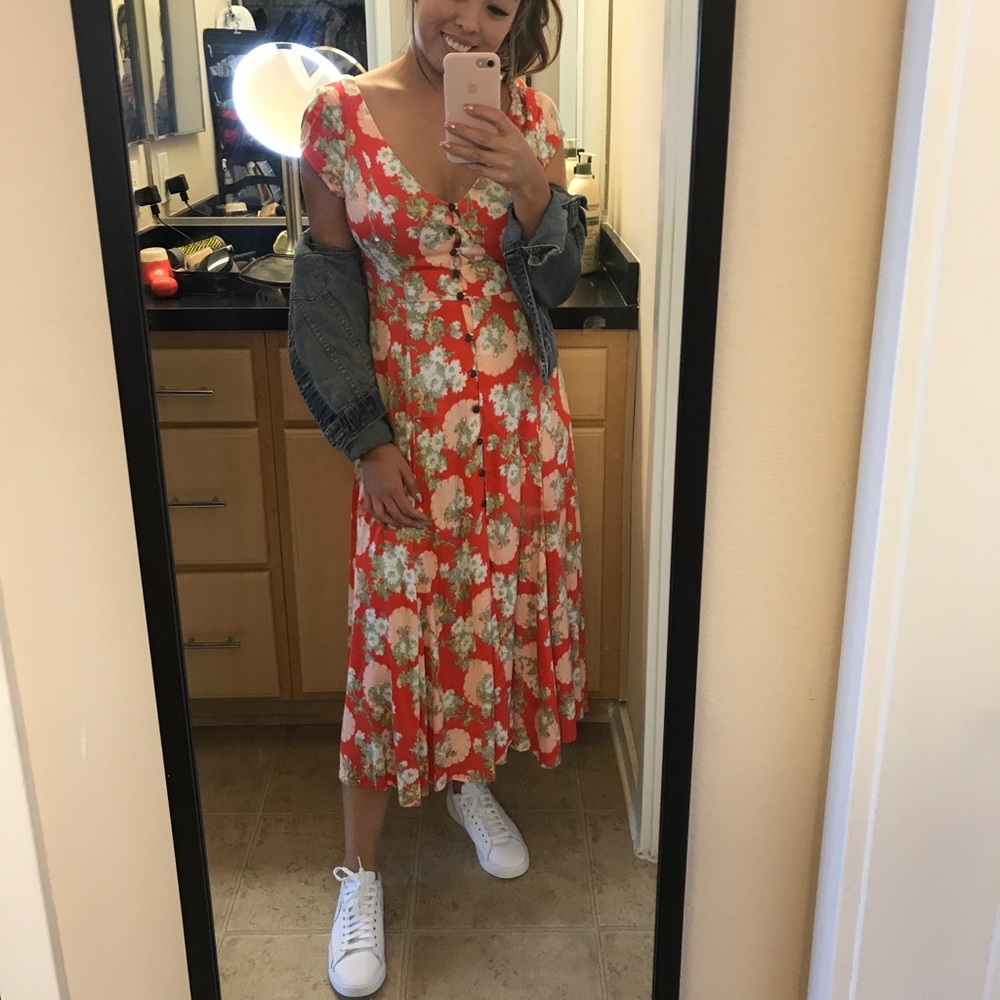 Urban Outfitters Red Floral Button Dress XS